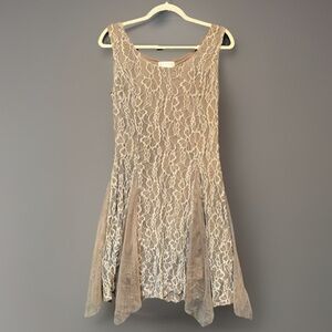 Altar’d State Lace Overlay Fit & Flare Dress Taupe Nude Handkerchief Hem Size M